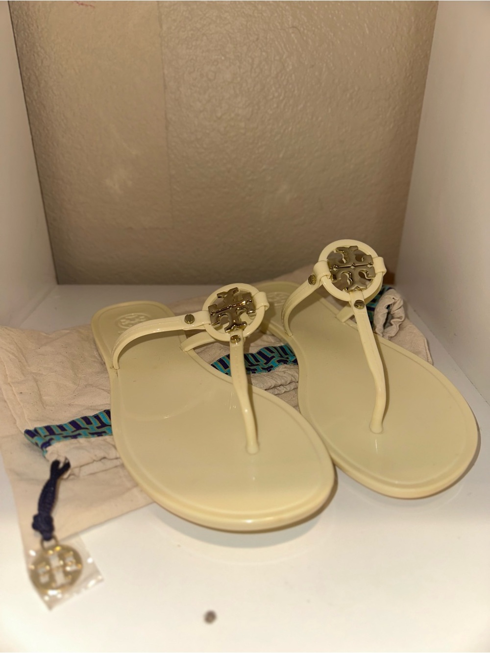 Tory Burch Cream Jelly Thong Sandals with Gold Logo